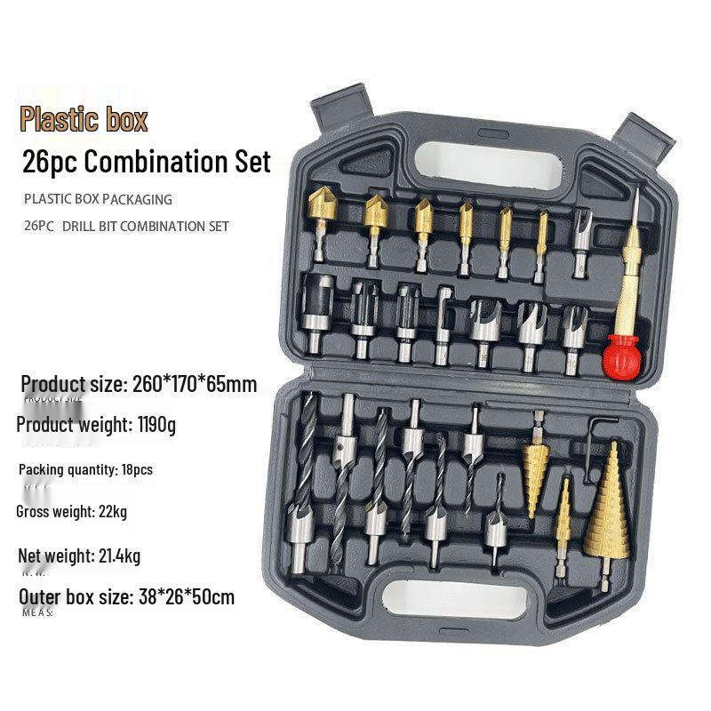 26-Piece Baota Drill Set: Five-Flute Chamfering, Hole Opening & Center Punch with Wood Plug & Three-Point Drill - Free Shipping