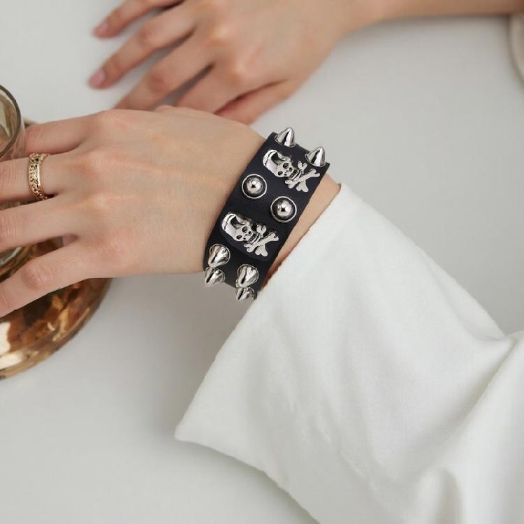 Unisex Punk Jewelry Pieces Featuring Wide Leather Band and Rebellious Skull Embellishments for Daily Wear