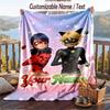 Miraculous Ladybug Flannel Blanket, Personalized Custom Name Text, Soft Warm Plush Throw Blanket For Gift