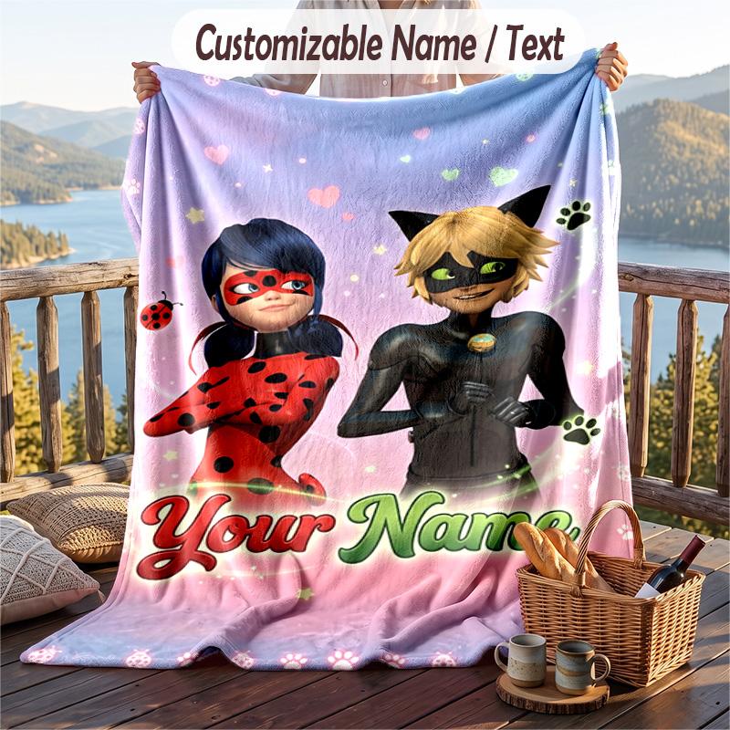Miraculous Ladybug Flannel Blanket, Personalized Custom Name Text, Soft Warm Plush Throw Blanket For Gift