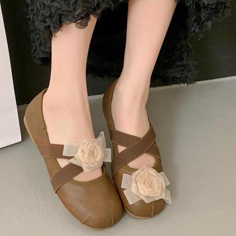 Vintage Flower Cross Lace-Up Single Shoes Summer Round Toe Shallow Mouth Non-Slip Wear-Resistant Flat Ballet Shoes for Women