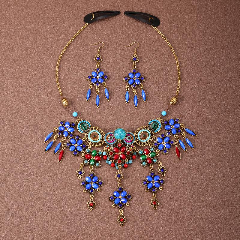 Böhmisches Retro Halsketten- & Ohrring-Set: Ethnischer Stirnschmuck im tibetischen Stil