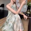 New Sleeveless Ink Smudge Printed Neck Dress for Women In Summer Sanya Beach Vacation Beach Skirt