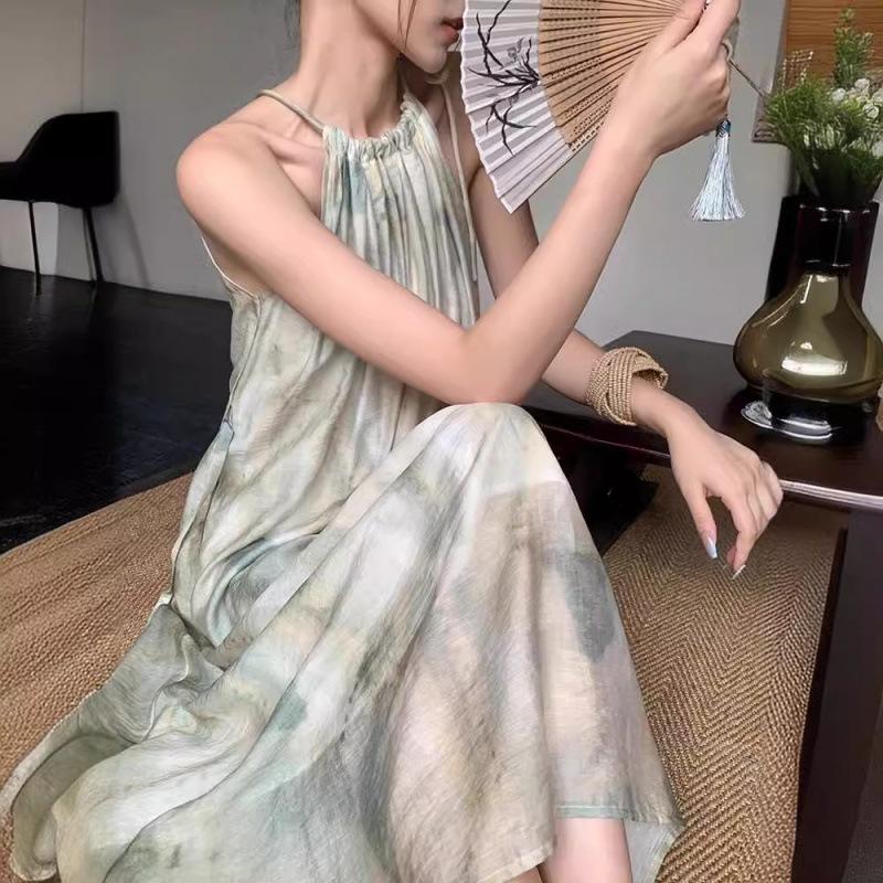 New Sleeveless Ink Smudge Printed Neck Dress for Women In Summer Sanya Beach Vacation Beach Skirt