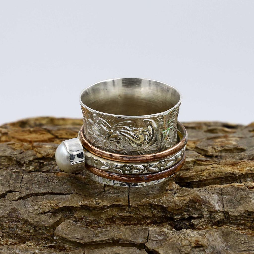 Inel din Argint Sterling 925, Inel cu Piatră Prețioasă Perlă Albă, Inel Bicolor, Inel Boem, Inel de Designer, Bijuterii din Argint