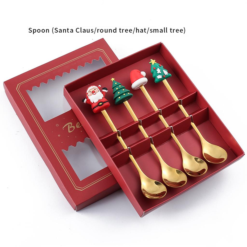 4pcs Gold Christmas Dinnerware Set with Gift Box Elk Christmas Hat Tree Fork Spoon Cutlery Set Stainless Steel Party Tableware