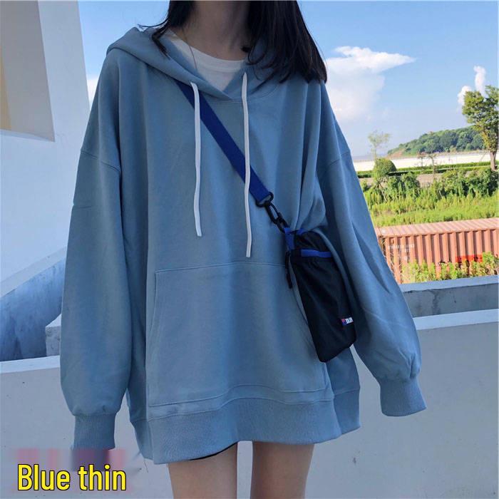 2025 Autumn Women's Korean Style Thin Long Sleeve Hoodie - Solid Color, Versatile, Mid-Length, Loose Fit.