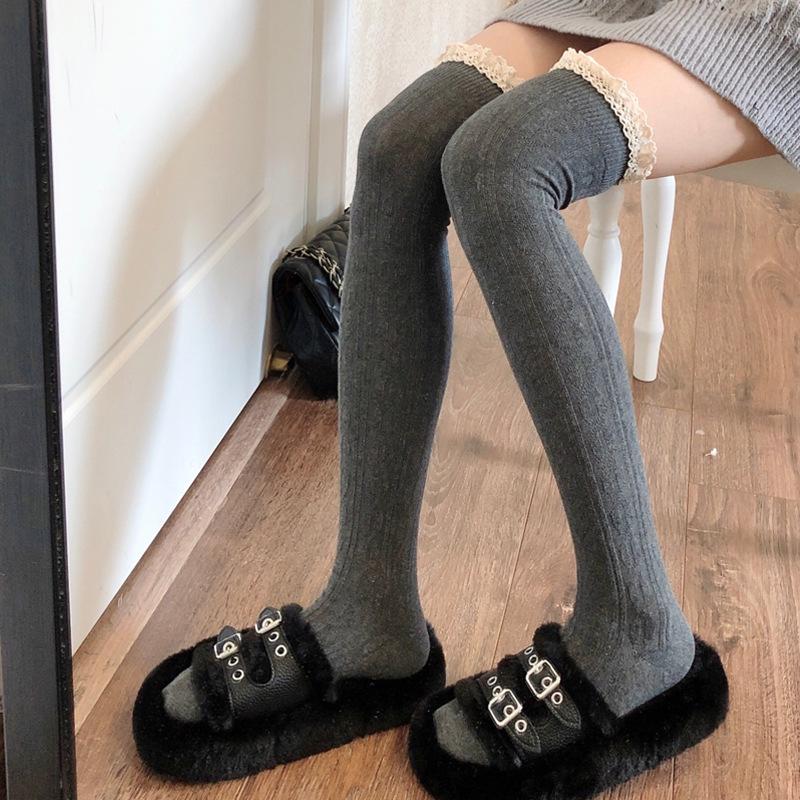 Socks Woman Autumn and Winter Thick Warm Solid Color Knee High Stockings Black White Vertical stripes Thigh High Socks for Women