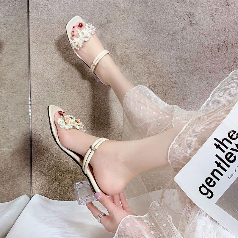 Flower open-toed women's cool slippers women's outer wear 2025 summer new mid-heeled sandals women's thick heel with slippers