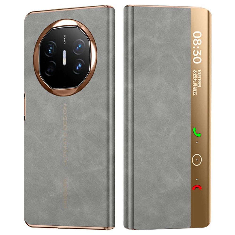 

For Huawei Mate X6 Case Leather Protective Cover with Smart Window Auto Wake Up Grey/Gold
