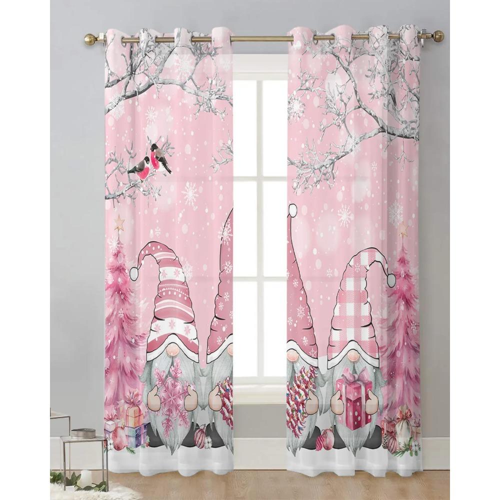 Christmas Snow Scene Snowflakes Gnome Pink Sheer Curtains Living Room Decoration Window Curtains Kitchen Tulle Voile Curtains