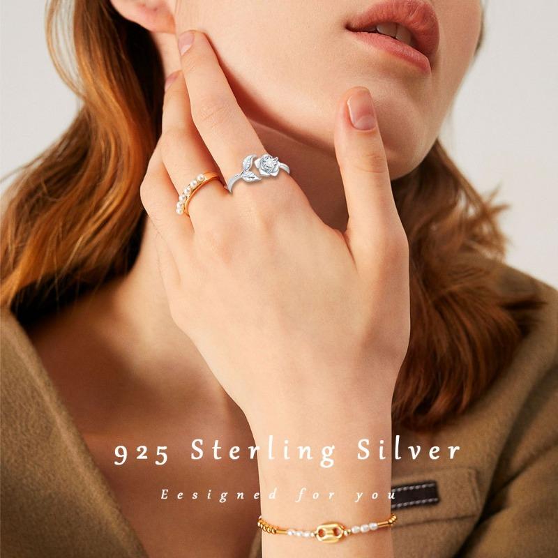 925Silver women's ring, adjustable, shiny rose leaf open ring, gift for mother, wife, couple, teenager, wedding, engagement, cute and fashionable