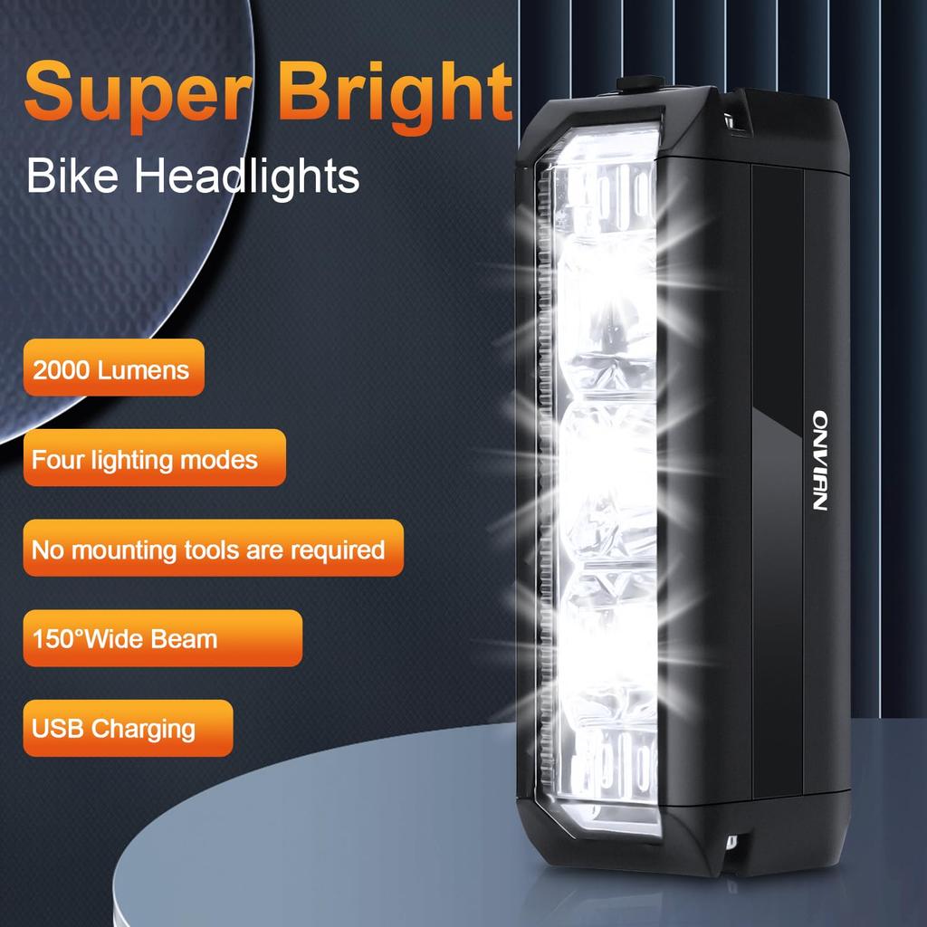ONVIAN 2000 Lumen Bicycle 4 LED Bike Light Modes for Nighttime Sturdy Aluminum Alloy for Bike Quad Handlebar Accessory Headlight, Rechargeable, Ride,