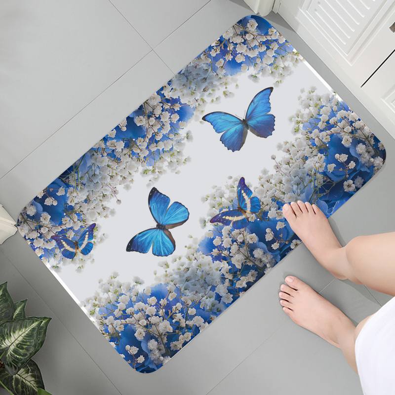 Green Butterfly Art Mat Printed Flannel Floor Mat Bathroom Decor Carpet Non-Slip For Living Room Kitchen Welcome Doormat Carpet
