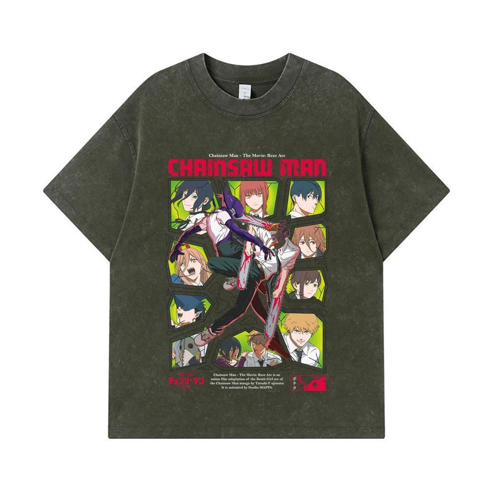 

275 GSM Washed T-shirts 100% Cotton Chainsaw Man V17 Reze Arc Print Unisex Heavy Cotton T Shirt S