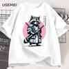 Fight Me Coward Vintage Samurai Raccoon T Shirt Japanese Cat Funny Graphic T-shirt Cotton Short Sleeve O Neck Tees Mens Clothing