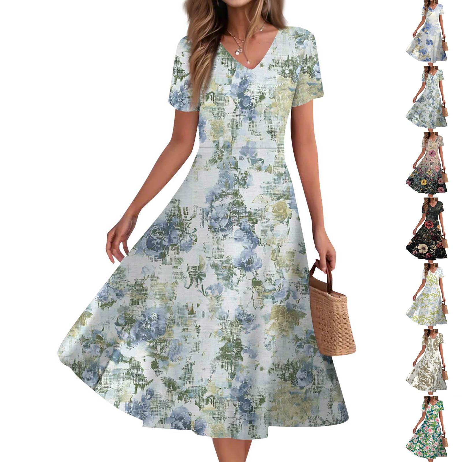 

Women s Summer Casual Fashion Print Pocket Short Sleeve V-Neck Swing Dress L