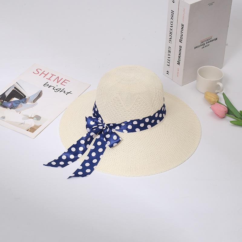 Summer new hat women's polka dot bow streamer straw hat travel beach hat big edge sun hat