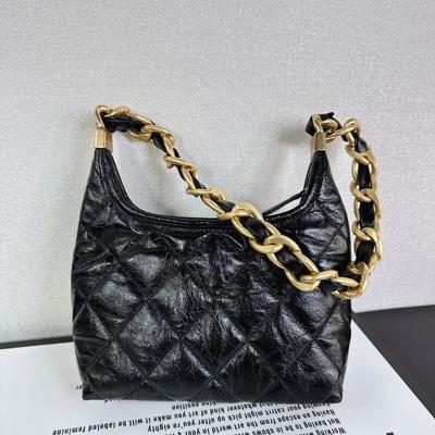 24A dicke Kettenschultertasche Hobo Achseltasche Retro Oberleder Ölwachs Rindsleder Schwarz Gold Hippie Tasche Mädchen