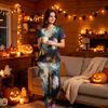 Women's V-Neck Short Sleeve Scrub Top and Pants Set with Pockets, Halloween Print Uniform 2-Piece Set