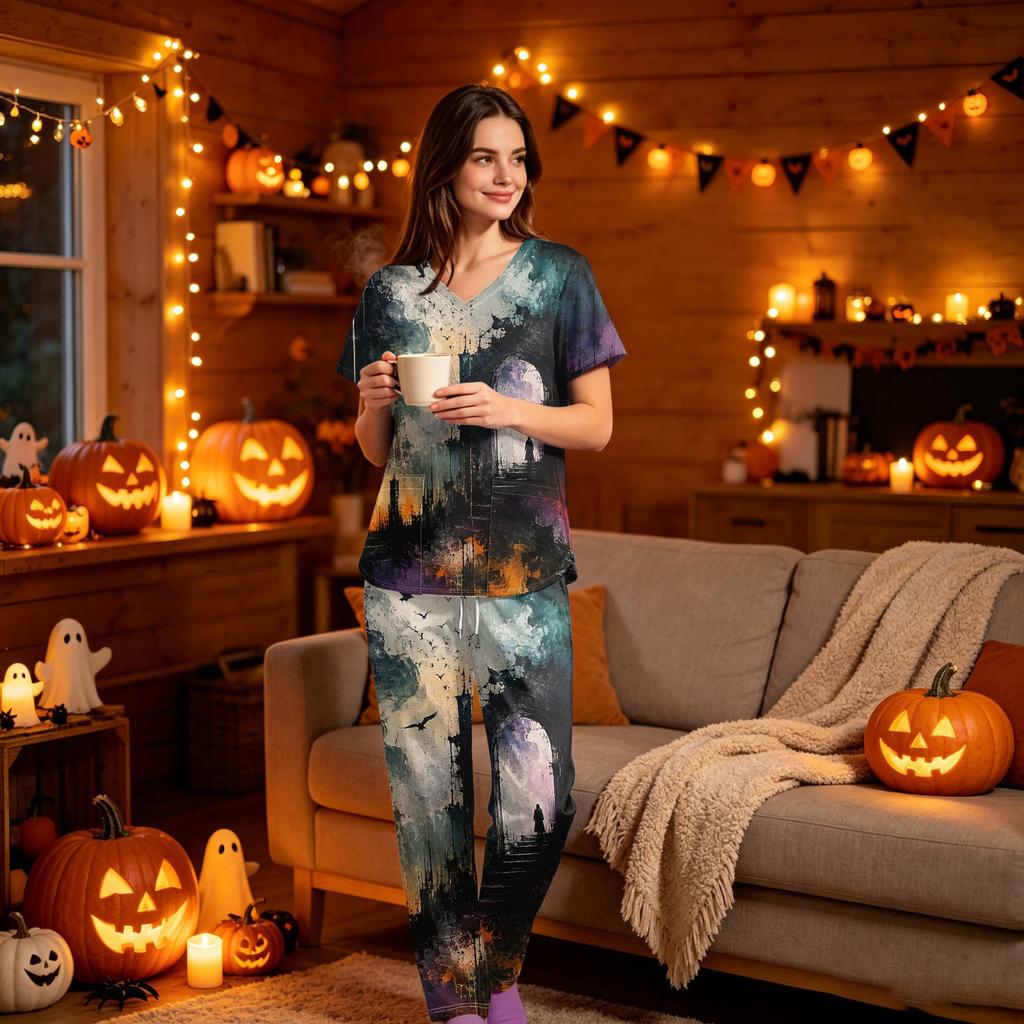 Women's V-Neck Short Sleeve Scrub Top and Pants Set with Pockets, Halloween Print Uniform 2-Piece Set