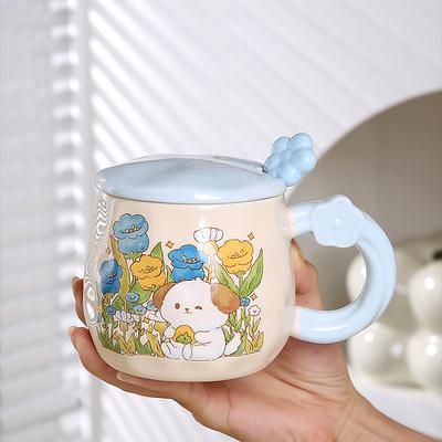 Niedliches kleines Tier mit Deckellöffel, Keramiktasse, Cartoon, hochwertiges Wasserbecher-Set mit großer Kapazität, für Zuhause, Mädchen