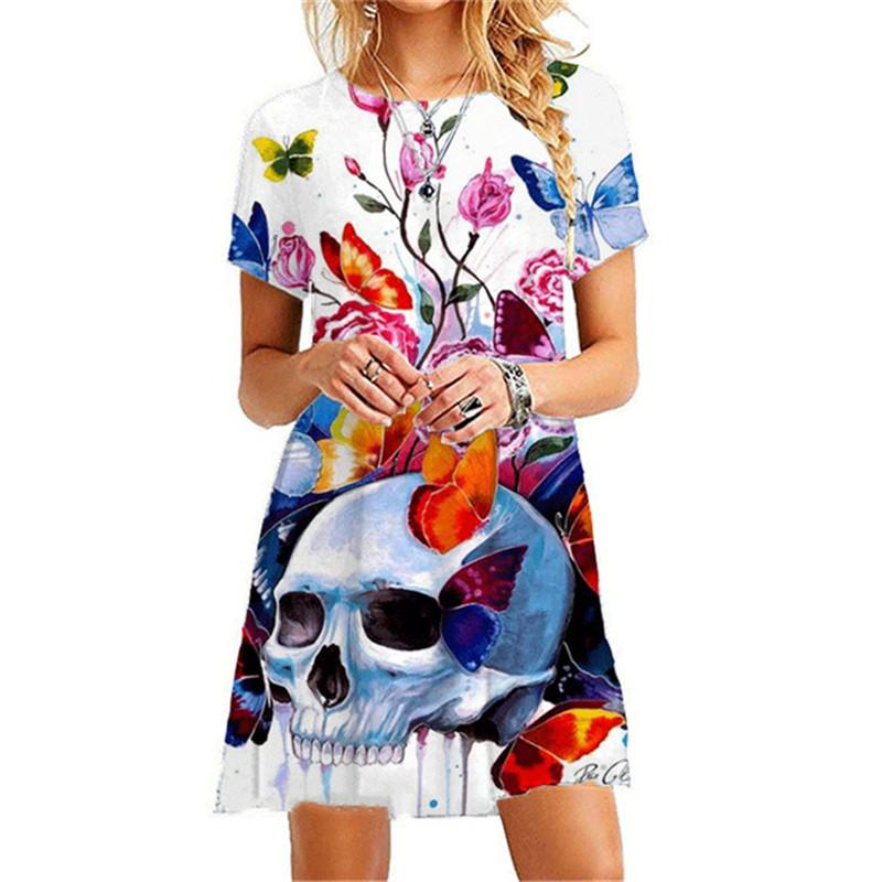Halloween Women's Party Dress 3D Skeleton Rose Print Dress Summer Short Sleeved Oversized Clothing Women's Mini A-line Dress