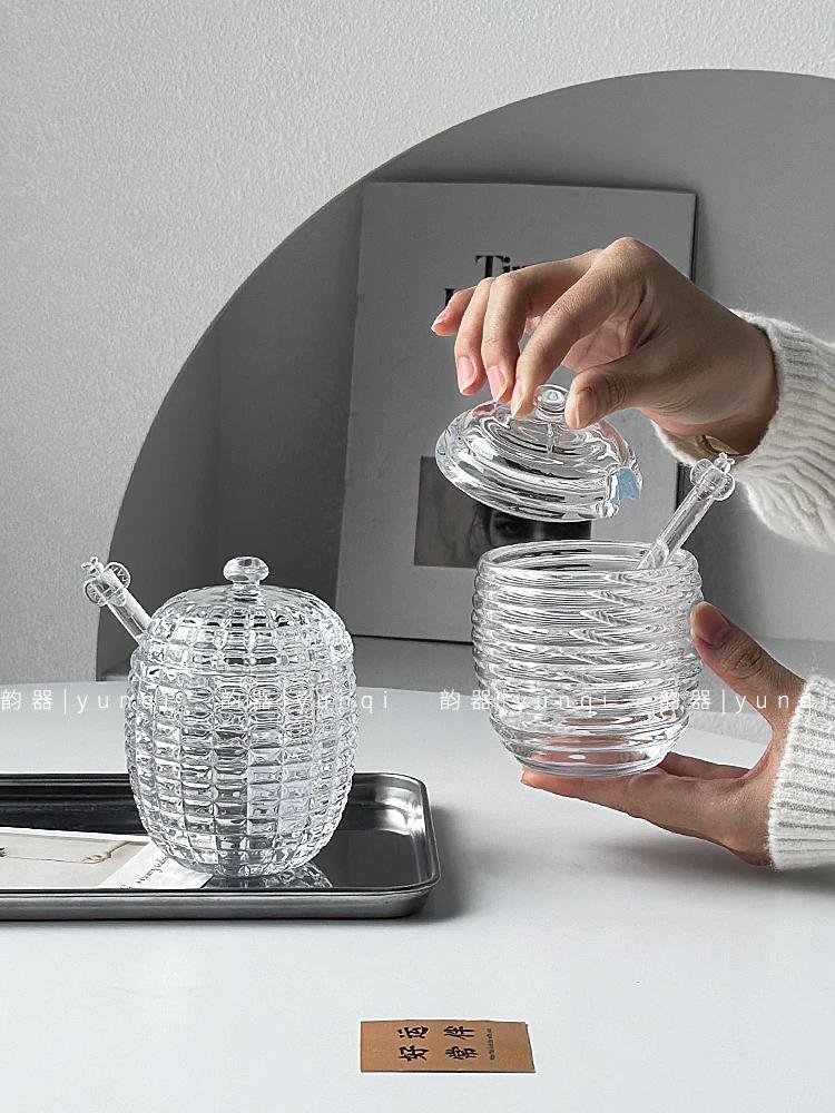 Honey Glass Jar Syrup Jam Storage Jar Storages Jar with Lid Mixing Rod Honey Jars Kitchen Storages Tools Food Storage Containers
