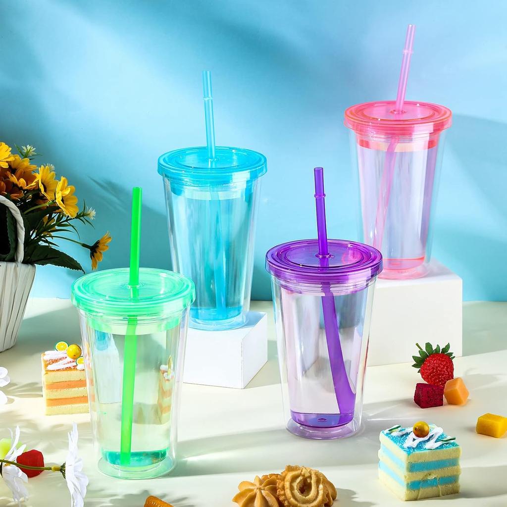 Nuogo 4 Pieces Insulated Double Wall Plastic Tumbler with Lids and Straws Reusable Transparent Plastic Cup 16 oz Tumbler Bulk for Coffee Drinks Milk