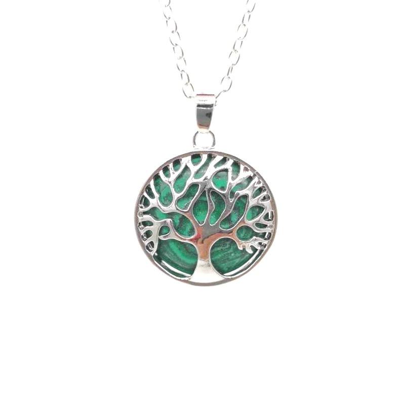 Multi-Color Hollow Natural Stone Pendant Item Round Alloy Tree Of Life Necklace Elegant And Fashionable