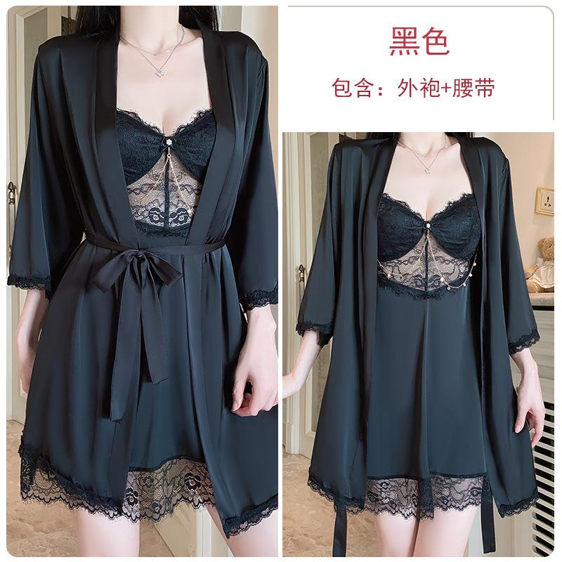 Women's Satin Lace Sheer Padded Sleep Dress with Robe Lounge Set