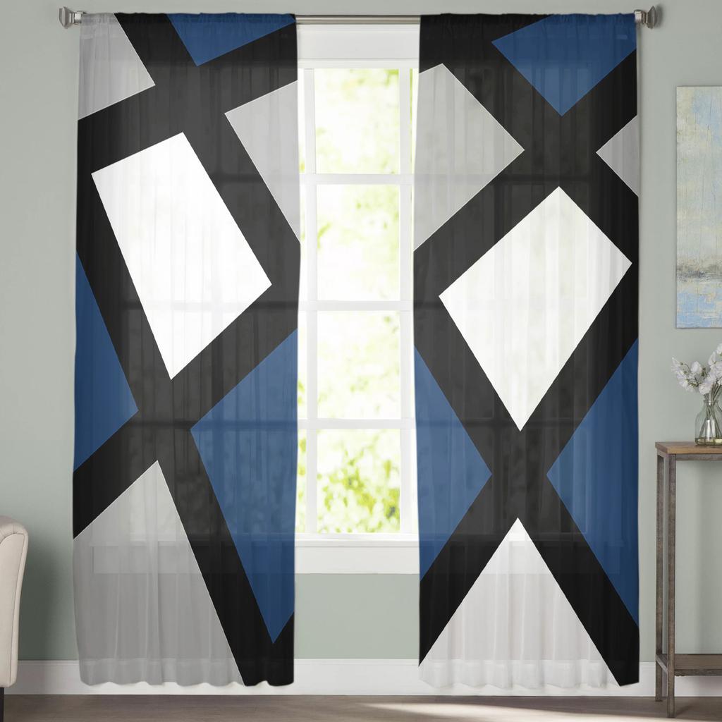 Navy Blue Black Grey Geometric Square Voile Sheer Curtains Living Room Window Tulle Curtain Kitchen Bedroom Drapes Home Decor