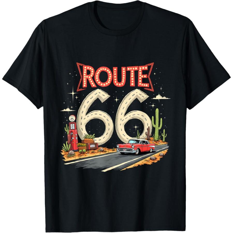 Classic Retro Route 66 Desert Scene with Red Vintage Car T-Shirt S