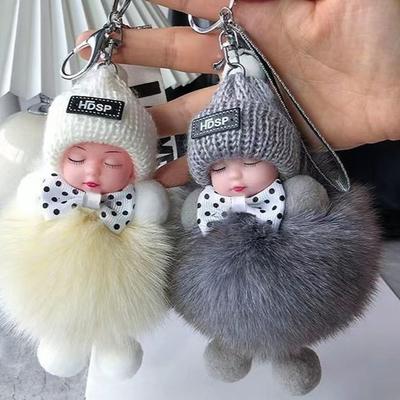 Sleeping Baby Keychain Cute Fluffy Plush Doll Keychains Women Girl Bags Pendant Cars Key Ring Backpack Decoration Gift