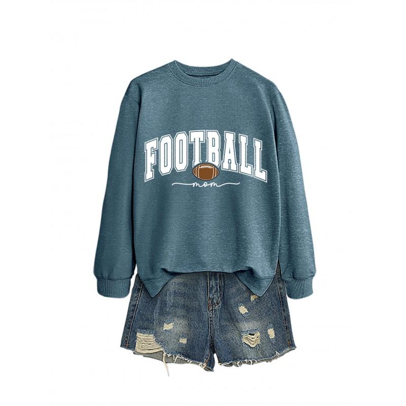 Womens Casual Round Neck Long Sleeve Cotton Sweatshirt With Football Mom Print - Loose Fit Plus Size S-XXL