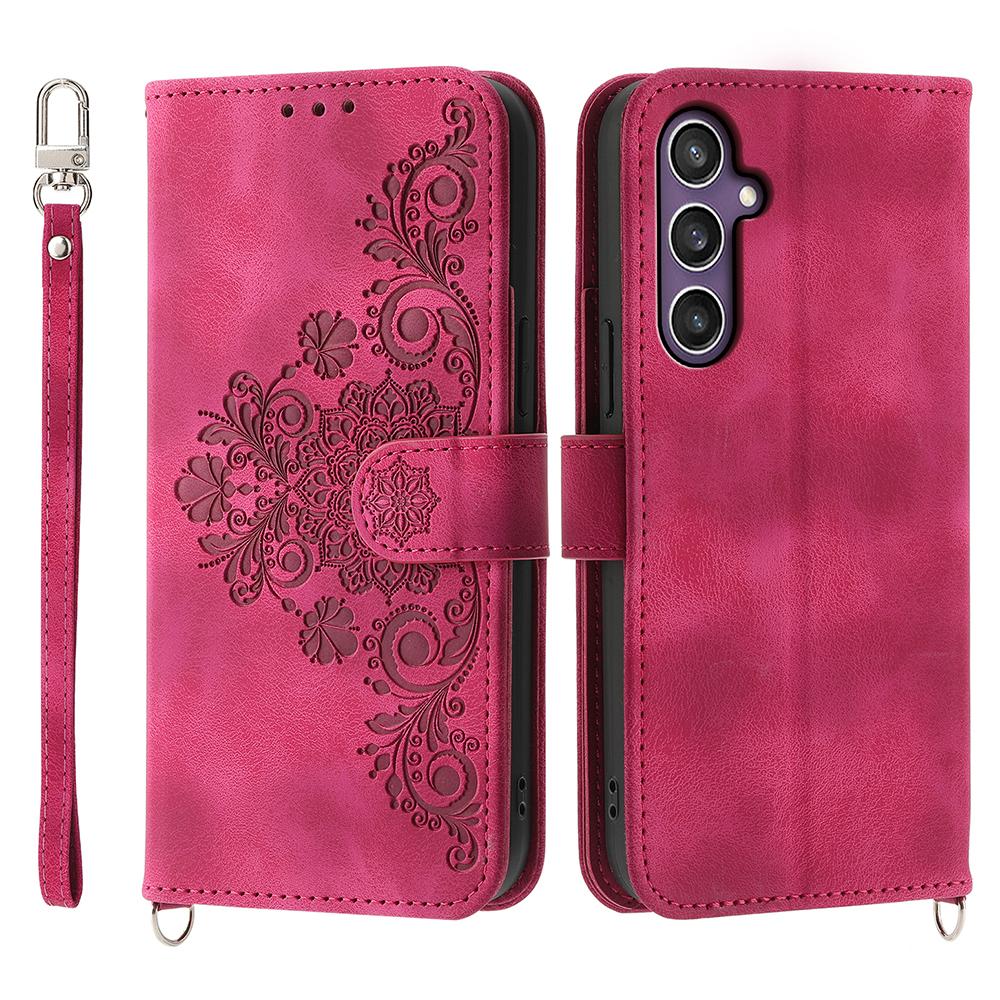 

For Samsung Galaxy S25 Case Flower Pattern PU Leather Wallet Phone Cover with Strap Wine Red
