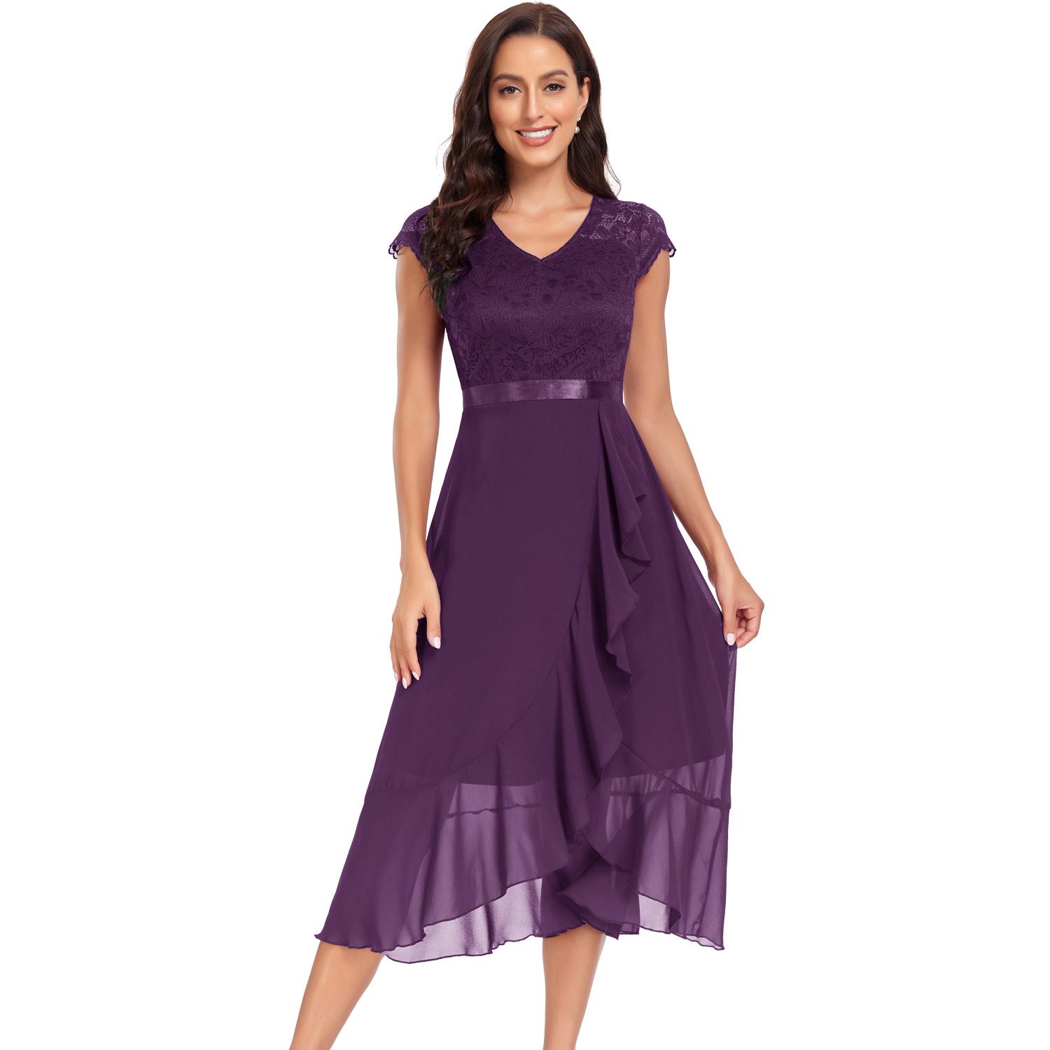 

Женское свободное платье с v-образным вырезом и кружевным топом Нерегулярная шифоновая юбка с рюшами Миди для выпускного вечера Платья для торжественных случаев для вечеринки, свадьбы, вечернего коктейля XXL фиолетовый