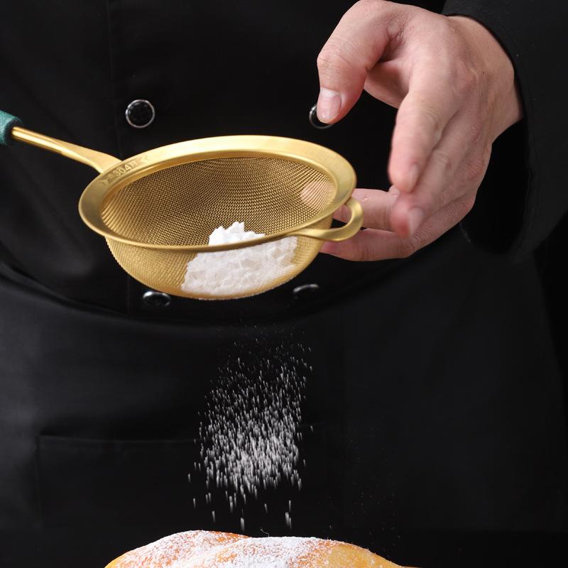 304 Stainless Steel Kitchen Strainer with Green Handle Golden Juice Flour Sieve Fried Food Skimmer Fine Mesh Filter Colander