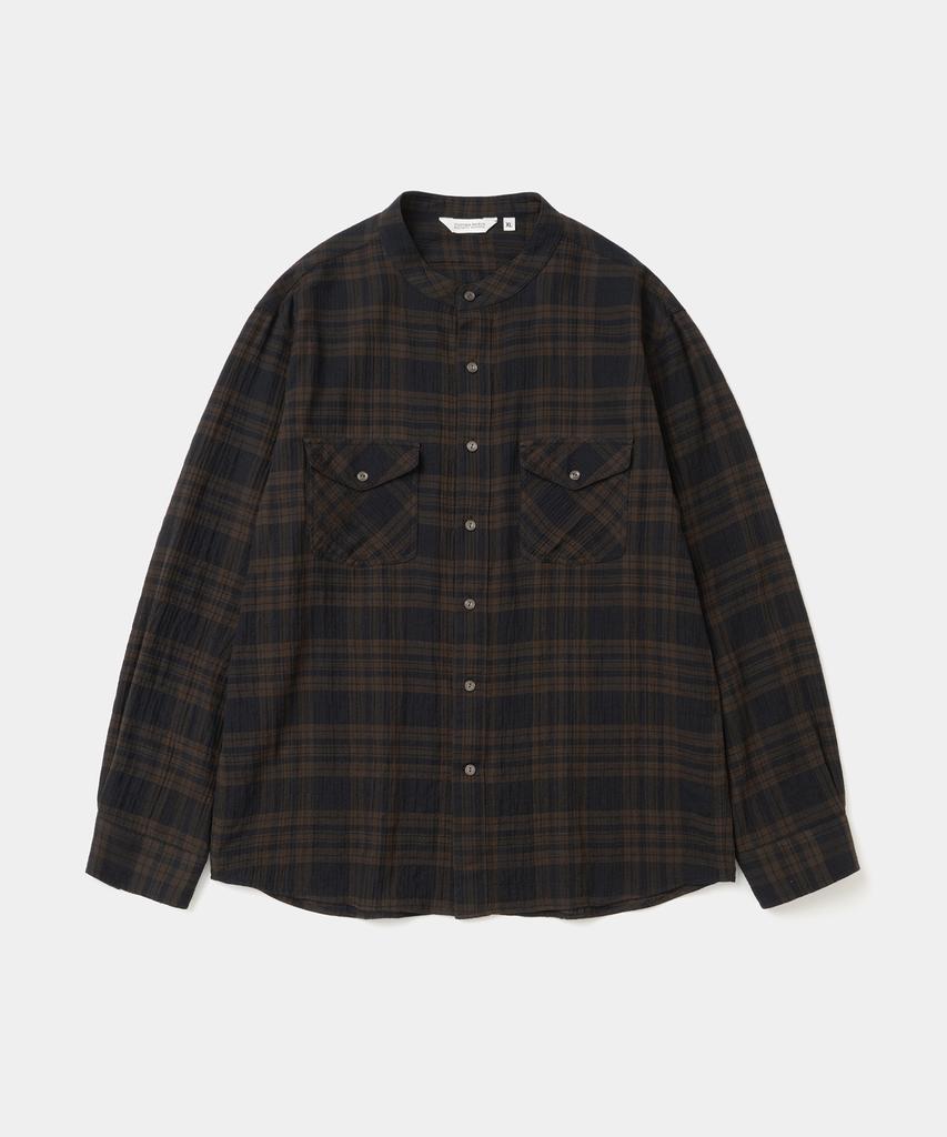 UNIFORM BRIDGE Band Collar Check Shirt Brown