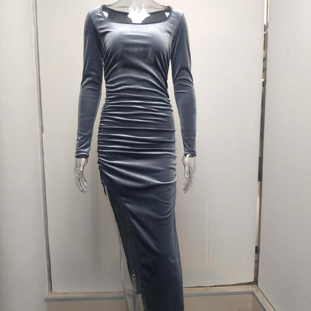 New Women's Elegant Sexy Square Neck Ruched High Waist Bodycon Split Dress Temperament Sexy Square Collar Retractable Small Dress