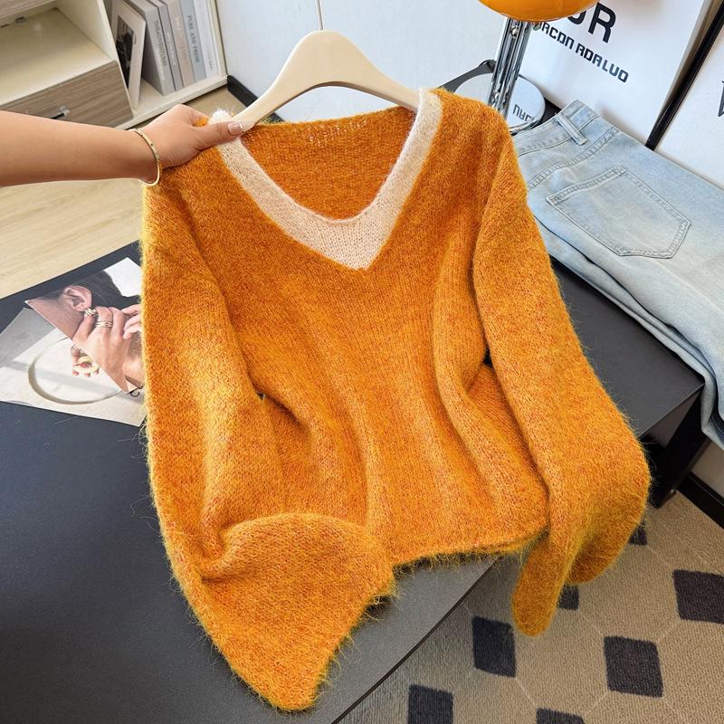 Color Block V-Neck Long Sleeve Knit Sweater - Women's Autumn/Winter Loose Fit Two-Piece Style Cardigan