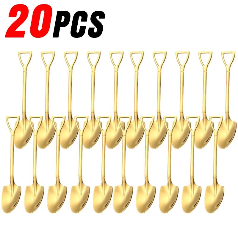 Stainless Steel Shovel Spoon Creative Gold Silver Coffee Spoons Ice Cream Dessert Scoops Teaspoon Kitchen Tableware Cutlery Sets