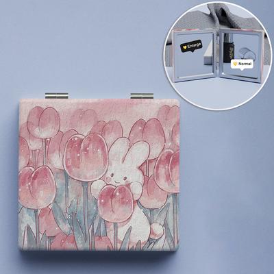 1pcs Tulip Bunny Cute Compact Mirror Makeup Mirror Square Folding Double-Sided Make Up Mirror Pocket Portable Compact For Girls