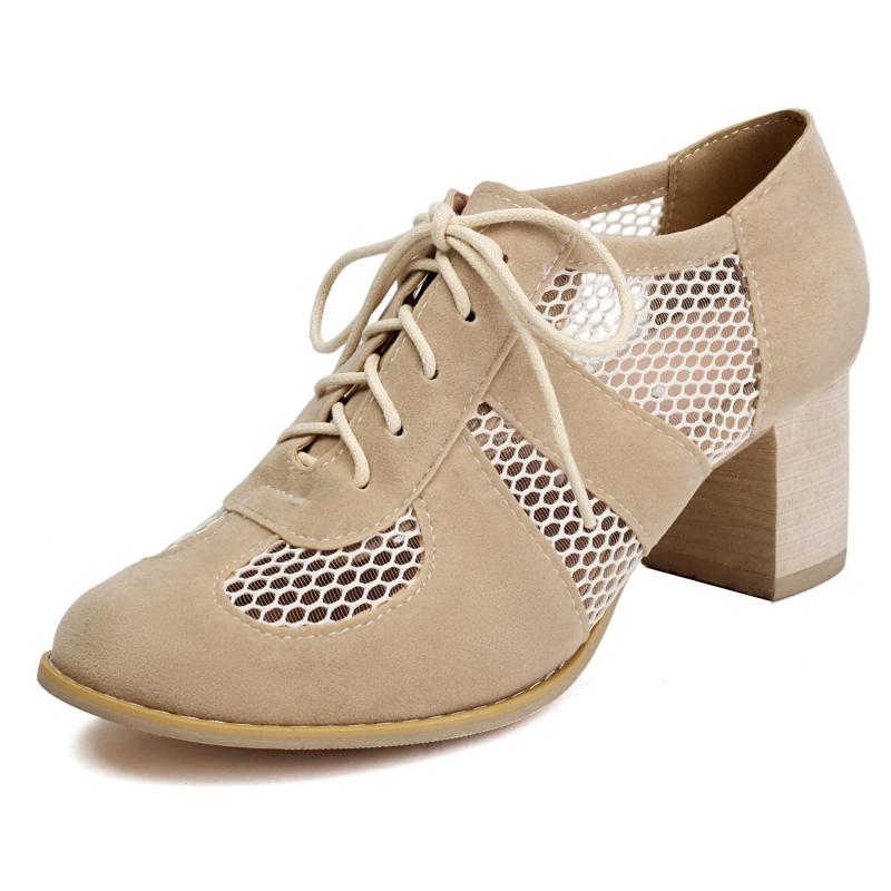 

Женские Лоферы на Низком Каблуке Элегантная Шнуровка Сетка Белый Черный Средний Каблук Обувь Женская Дышащая 39 бежевый