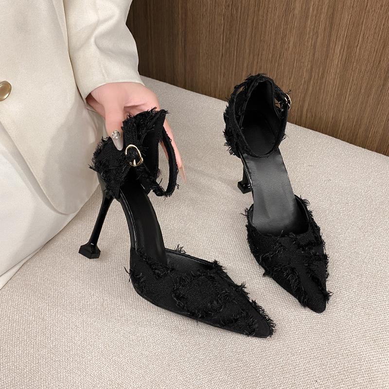Fashion Women's Summer New Pointed Toe Shallow Mouth Cloth Design Sense Niche Hollow Stiletto High Heels One-buckle Single Shoes