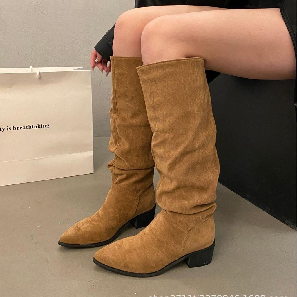 Pointed high-heeled khaki stacking boots women's shoes new spring and autumn winter thin long knight boots