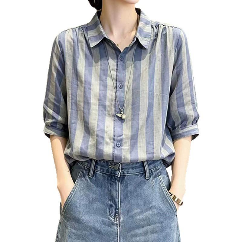 Striped Contrasting Color Lapel Mid-sleeved Shirt Women's Summer New Fashion and Thin Age-reducing Commuter Top A