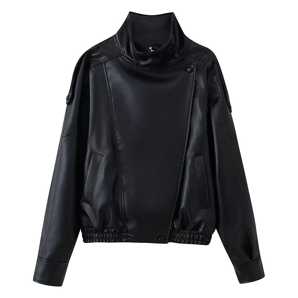 Women's Stand Collar Long Sleeve Jacket Oversized Streetwear Faux Leather Moto Coat