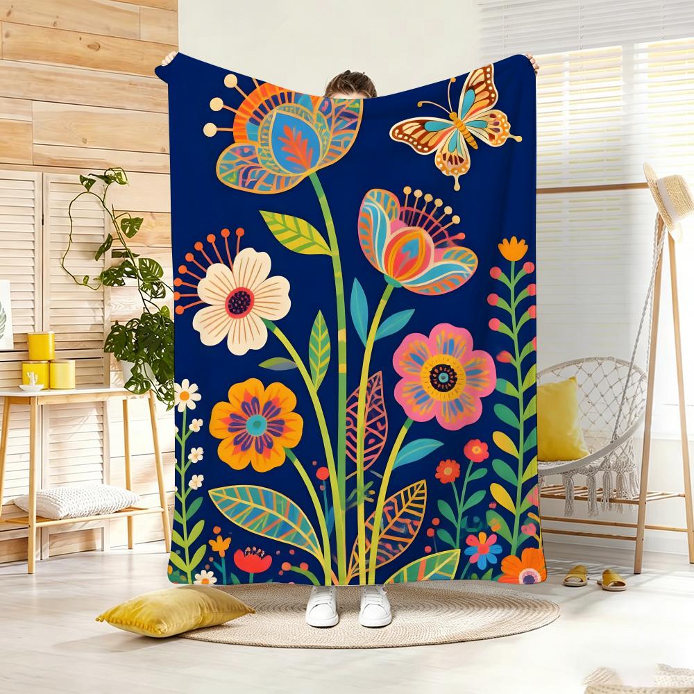 Vintage Boho Flowers Art Throw Lightweight Flannel Blanket Soft Skin-Friendly For Summer Cooling