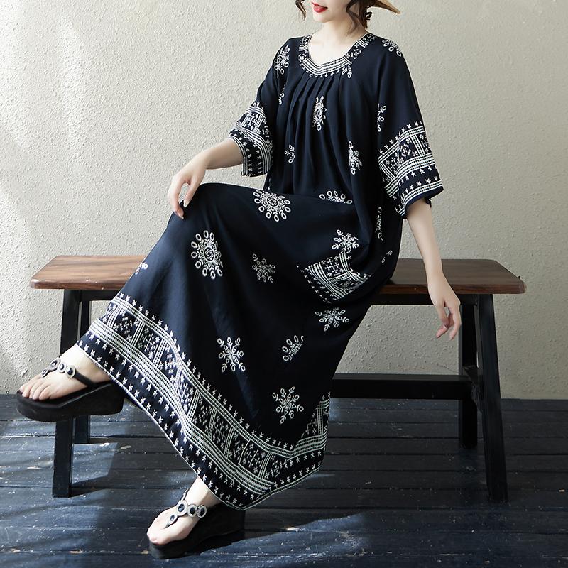 DIMANAF 2025 Summer Plus Size Dress Women Casual Long Vintage Cotton Dress Loose Basic Printing Dress